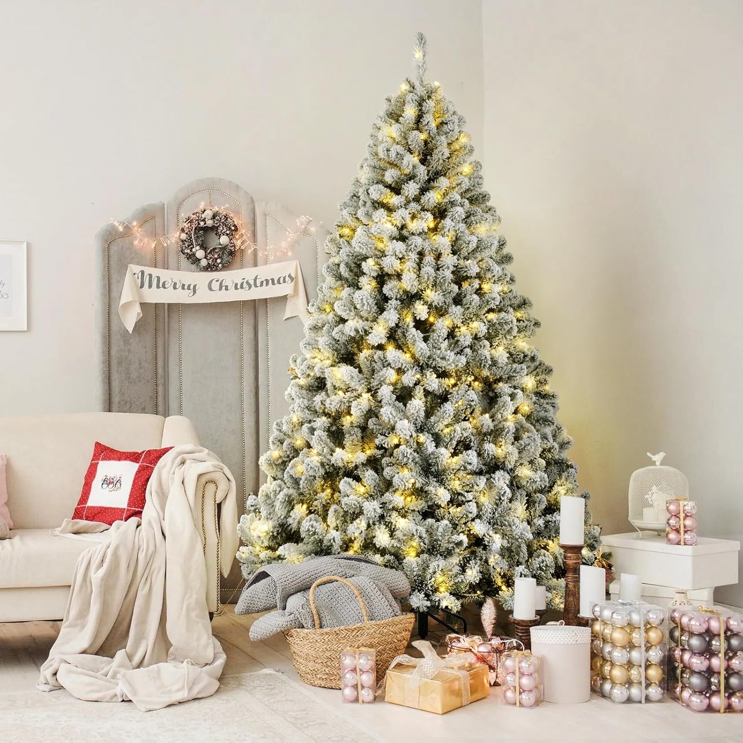 White Flocked Spruce Artificial Christmas Trees with RGB Lights and Remote