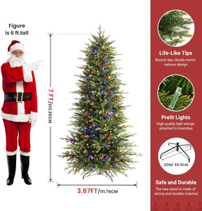 7ft Aspen Slim Noble Fir Christmas Tree by Shareconn with 2-in-1 warm white and multicolor twinkling lights on a lush green tree