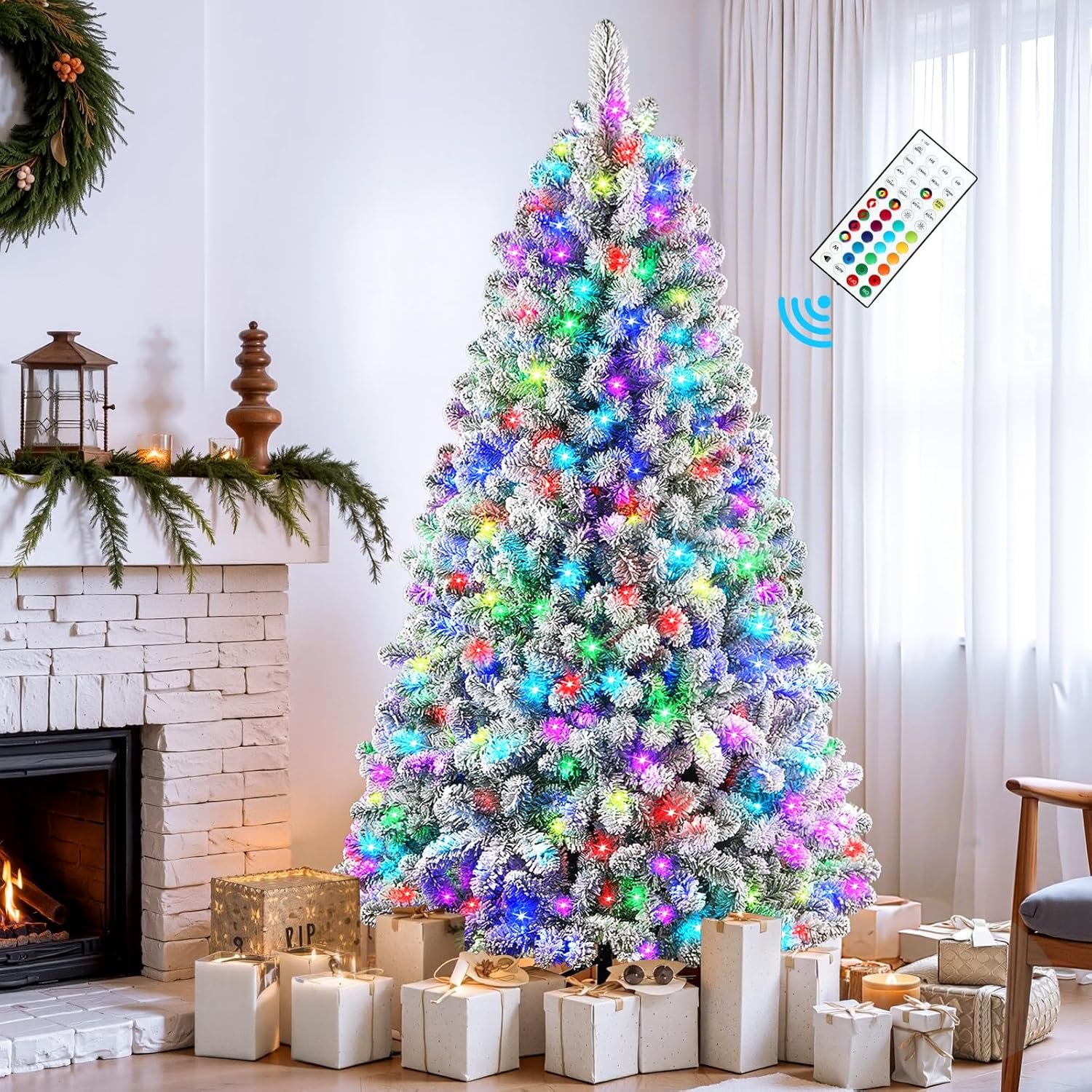 White Flocked Spruce Artificial Christmas Trees with RGB Lights and Remote