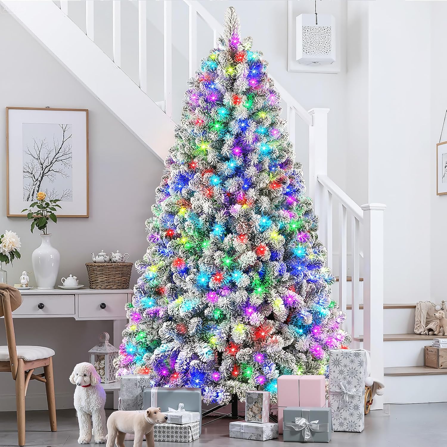 White Flocked Spruce Artificial Christmas Trees with RGB Lights and Remote