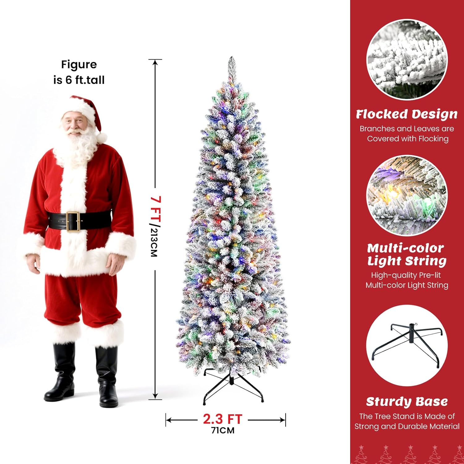 Flocked Pencil Spruce Artificial Christmas Trees with Multi Color Ligts