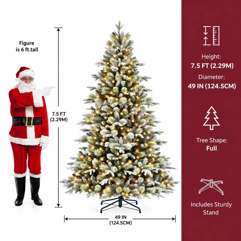 SHareconn 7.5ft Premium Twinkling Frosted Princess Pine artificial Christmas tree with snow-dusted branches