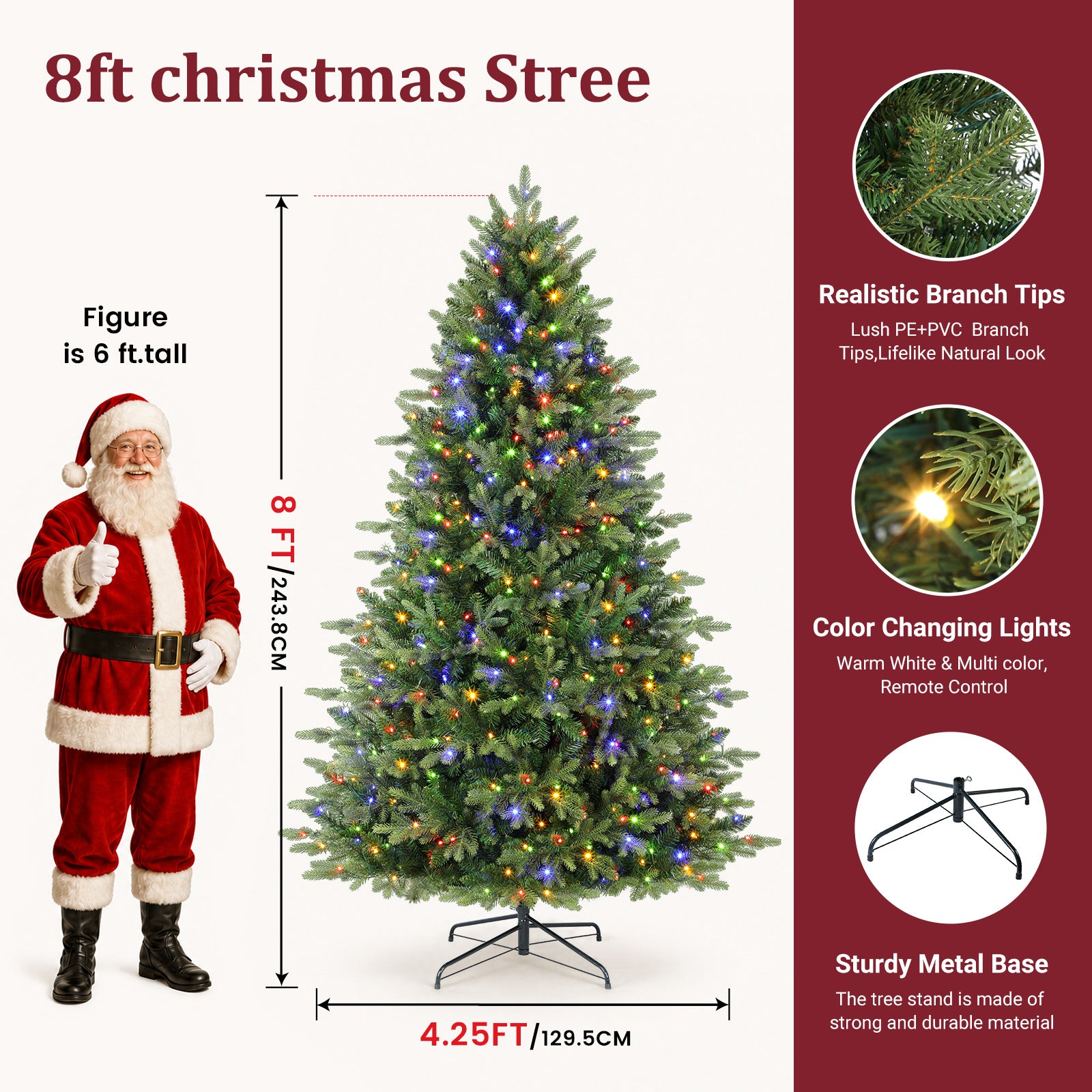 Fraser Fir Artificial Christmas Tree with Multi-Color Lights, 5/6/7/7.5/8/9FT