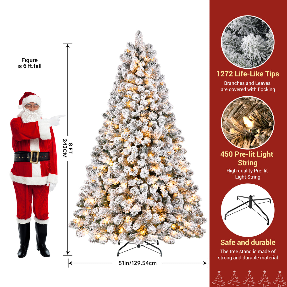 8ft Pre-lit White Flocked Spruce Artificial Christmas Trees with Warm White Lights