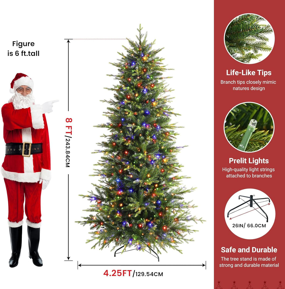 8ft SHareconn Aspen Slim Noble Fir artificial Christmas tree with multi-color lights, showcasing full branches and festive holiday decor.