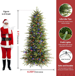 8ft SHareconn Aspen Slim Noble Fir artificial Christmas tree with multi-color lights, showcasing full branches and festive holiday decor.
