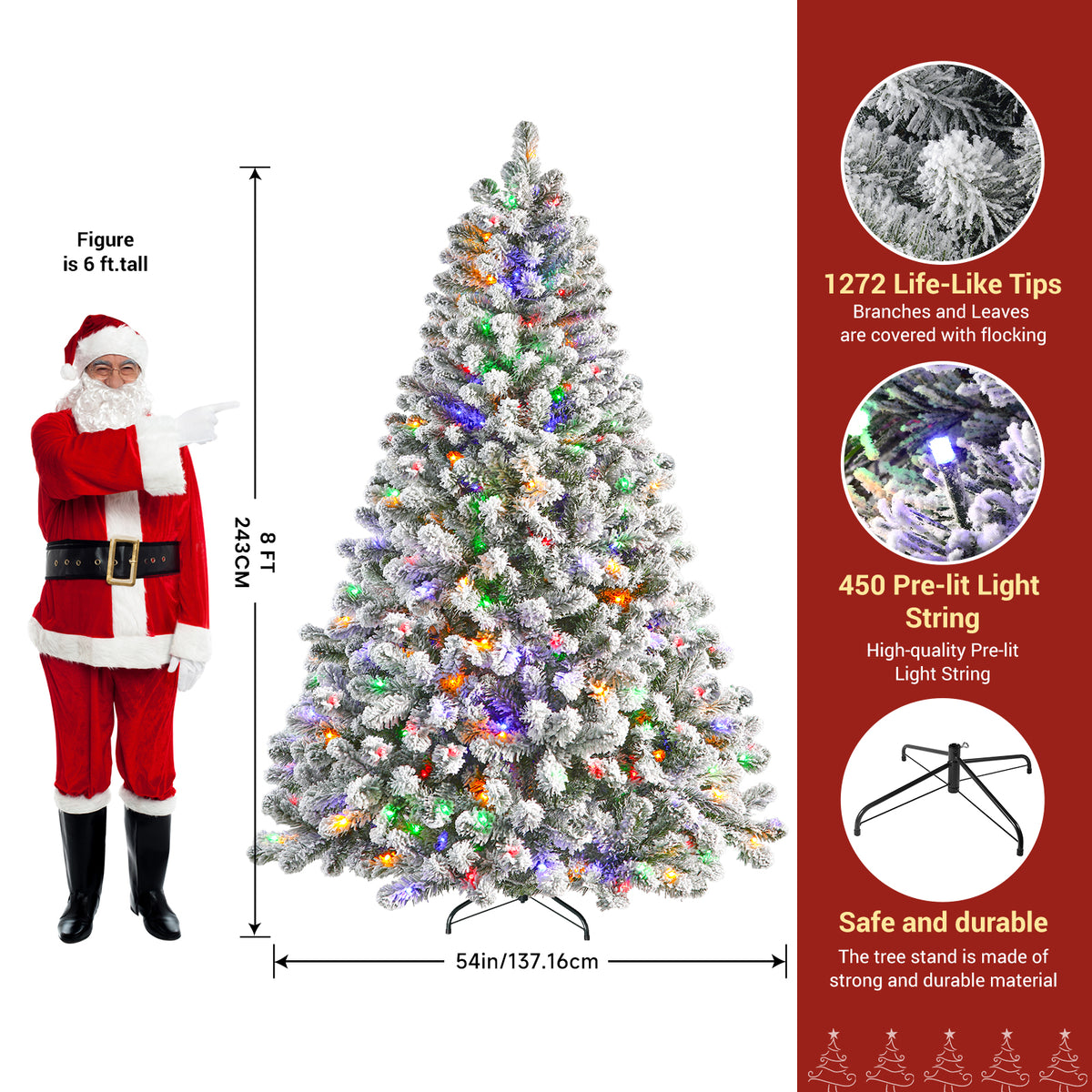 8ft White Flocked Spruce Artificial Christmas Trees with Multi-Color Lights