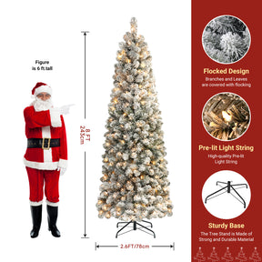 8-foot SHareconn flocked spruce artificial Christmas tree with warm white lights, featuring a realistic pencil shape and snowy flocked branches.