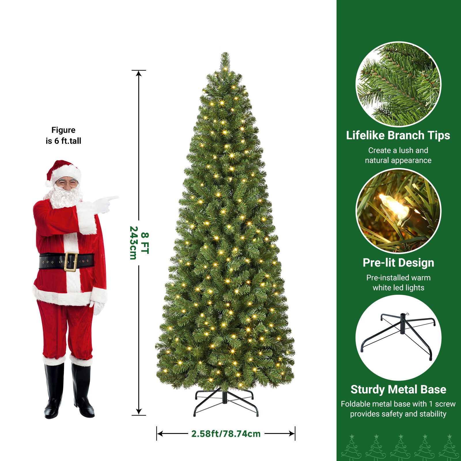 8ft Warm White Lights Classic Spruce Artificial Slim Pencil Christmas Trees
