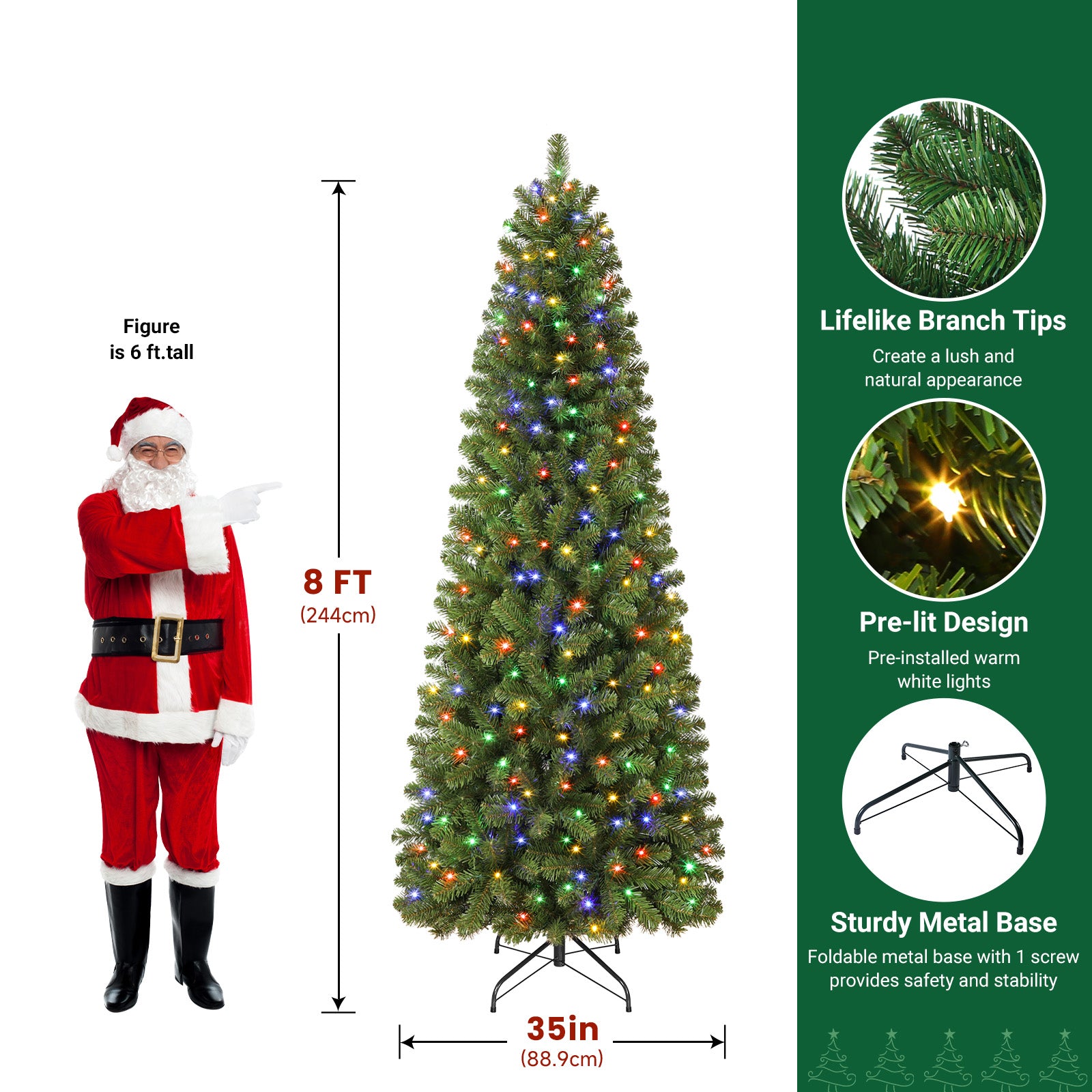 8ft Artificial Pencil Spruce Christmas Tree with Multi-Color Lights and Remote