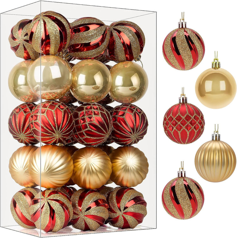 Set of 30 shatterproof plastic Christmas ball ornaments, 2.36 inches, in various festive colors for holiday decorating.