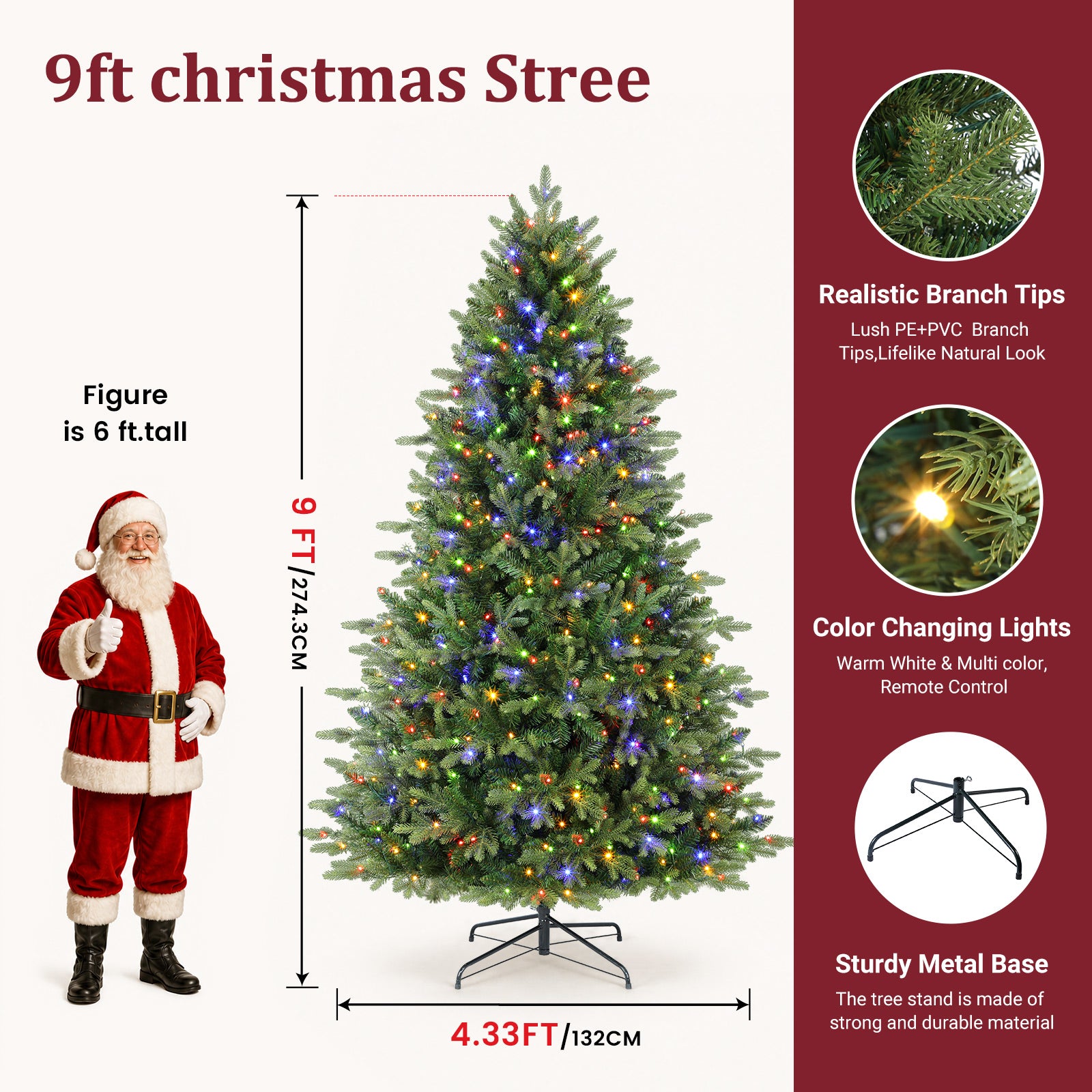 Fraser Fir Artificial Christmas Tree with Multi-Color Lights, 5/6/7/7.5/8/9FT