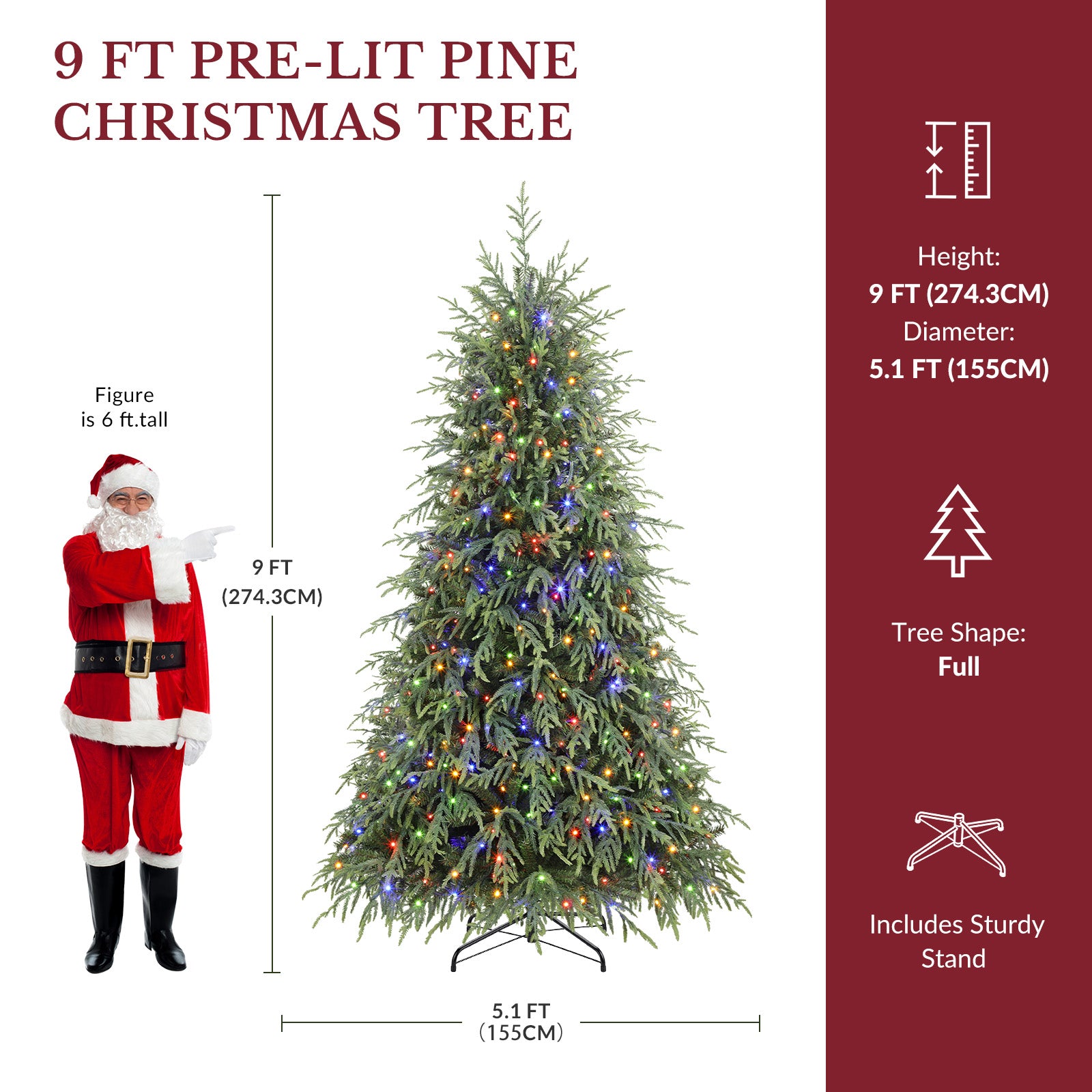 9ft Norfolk Pine Christmas Trees with 17 Modes Multi-Color Lights