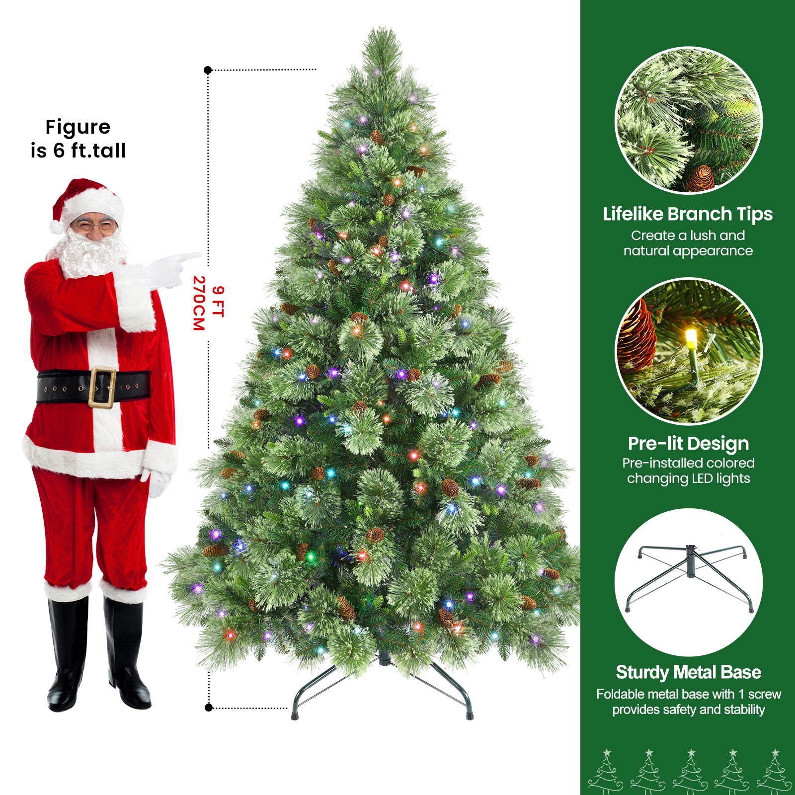 9ft Prelit RGB Lights Carolina Pine Artificial Christmas Pine Trees with Remote