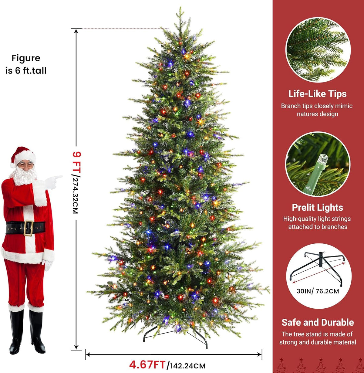 9ft Aspen Slim Noble Fir Christmas Tree by Shareconn with 670 multi-color lights, showcasing lush green branches and colorful illumination.
