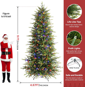 9ft Aspen Slim Noble Fir Christmas Tree by Shareconn with 670 multi-color lights, showcasing lush green branches and colorful illumination.