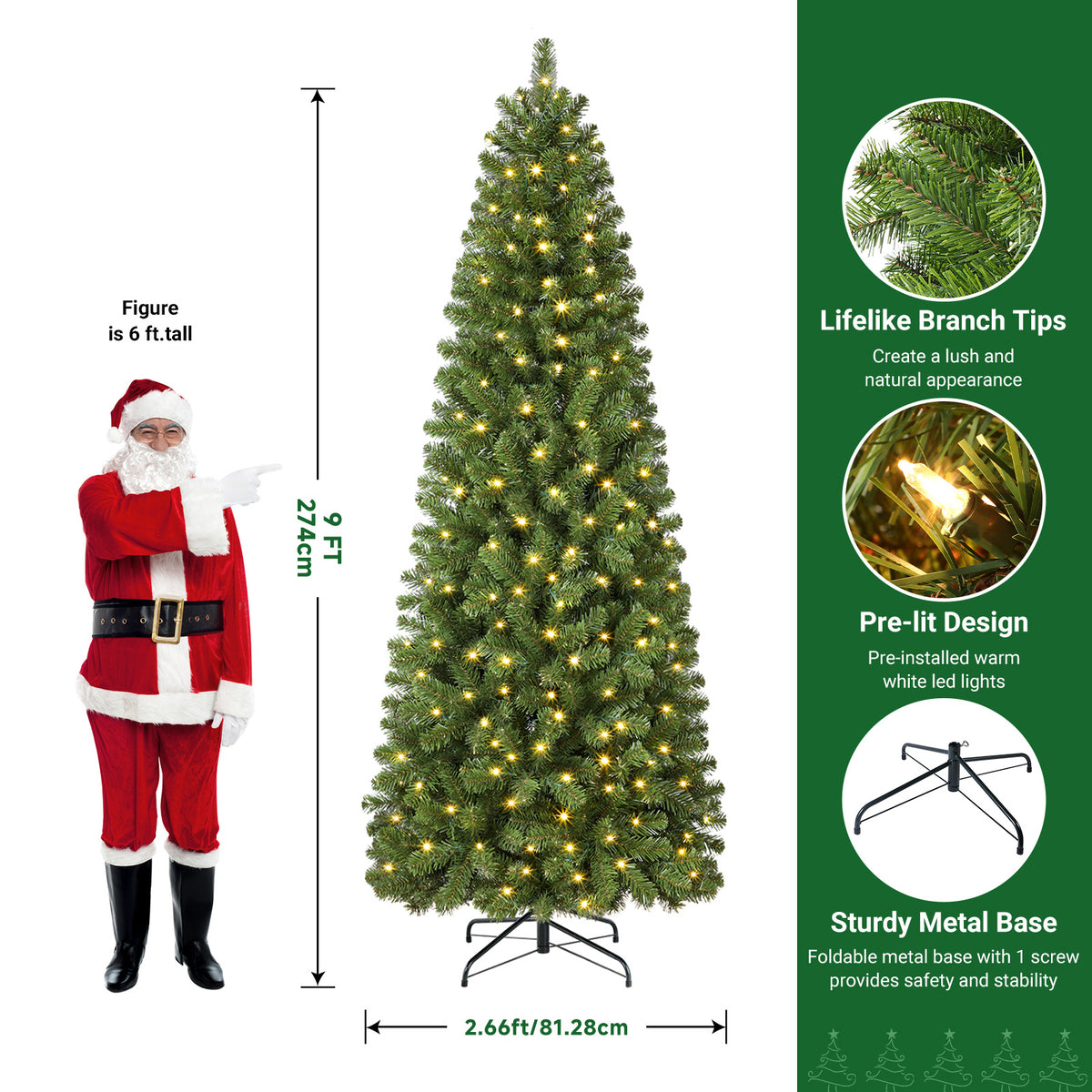 9ft Warm White Light Artificial Hinged Slim Pencil Prelit Christmas Tree