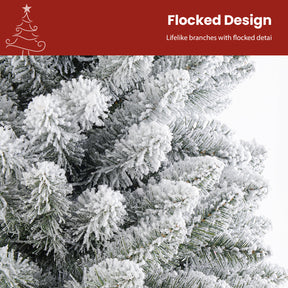 9ft SHareconn flocked spruce artificial Christmas tree with warm white lights, featuring a pencil shape and snowy flocked branches.