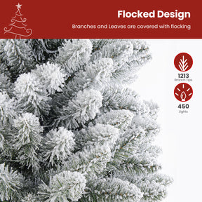 9ft flocked spruce artificial Christmas tree with warm white lights from SHareconn, featuring soft pine needle branches and a festive holiday look.