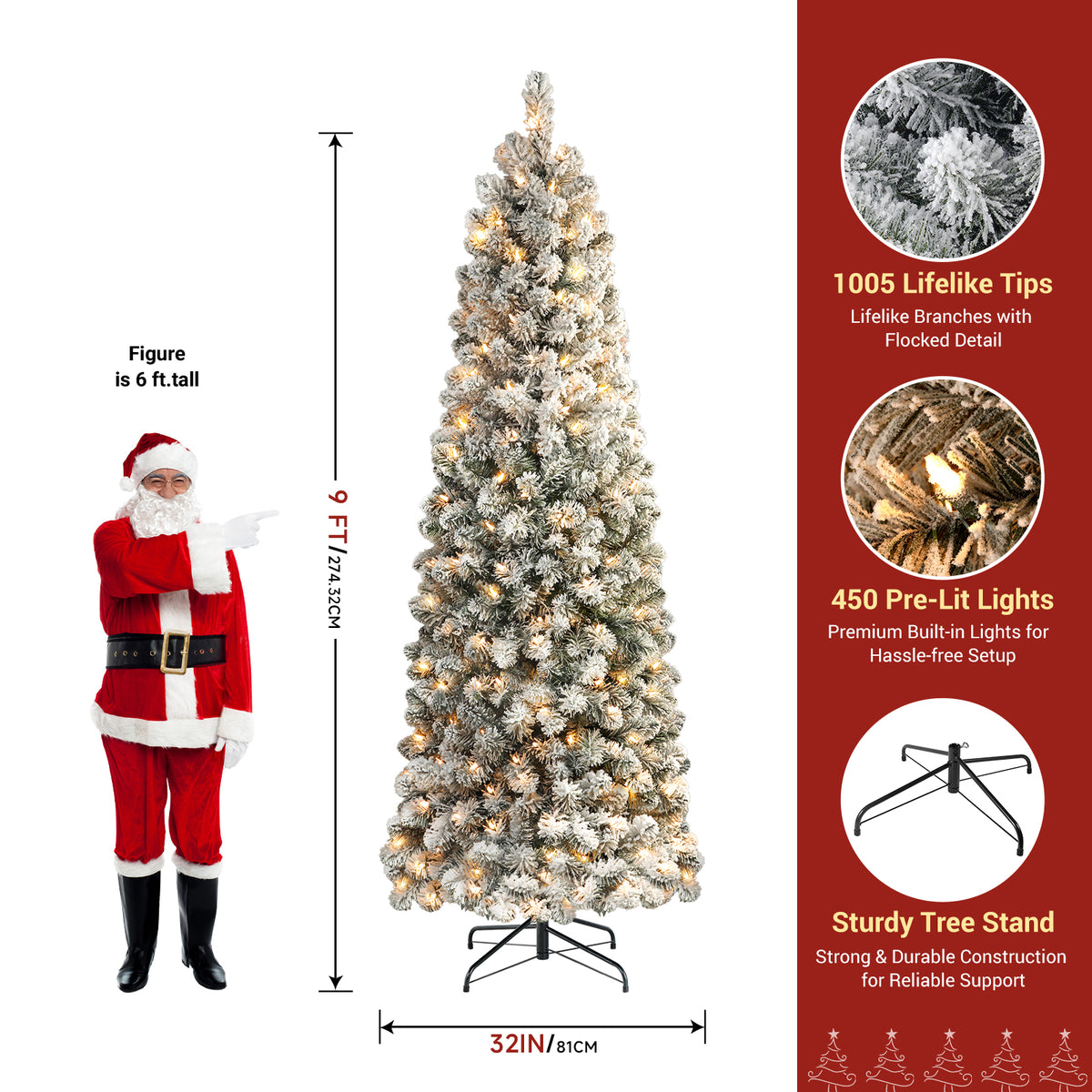 9ft SHareconn artificial Christmas tree with flocked spruce branches and warm white lights, available in 7 sizes.
