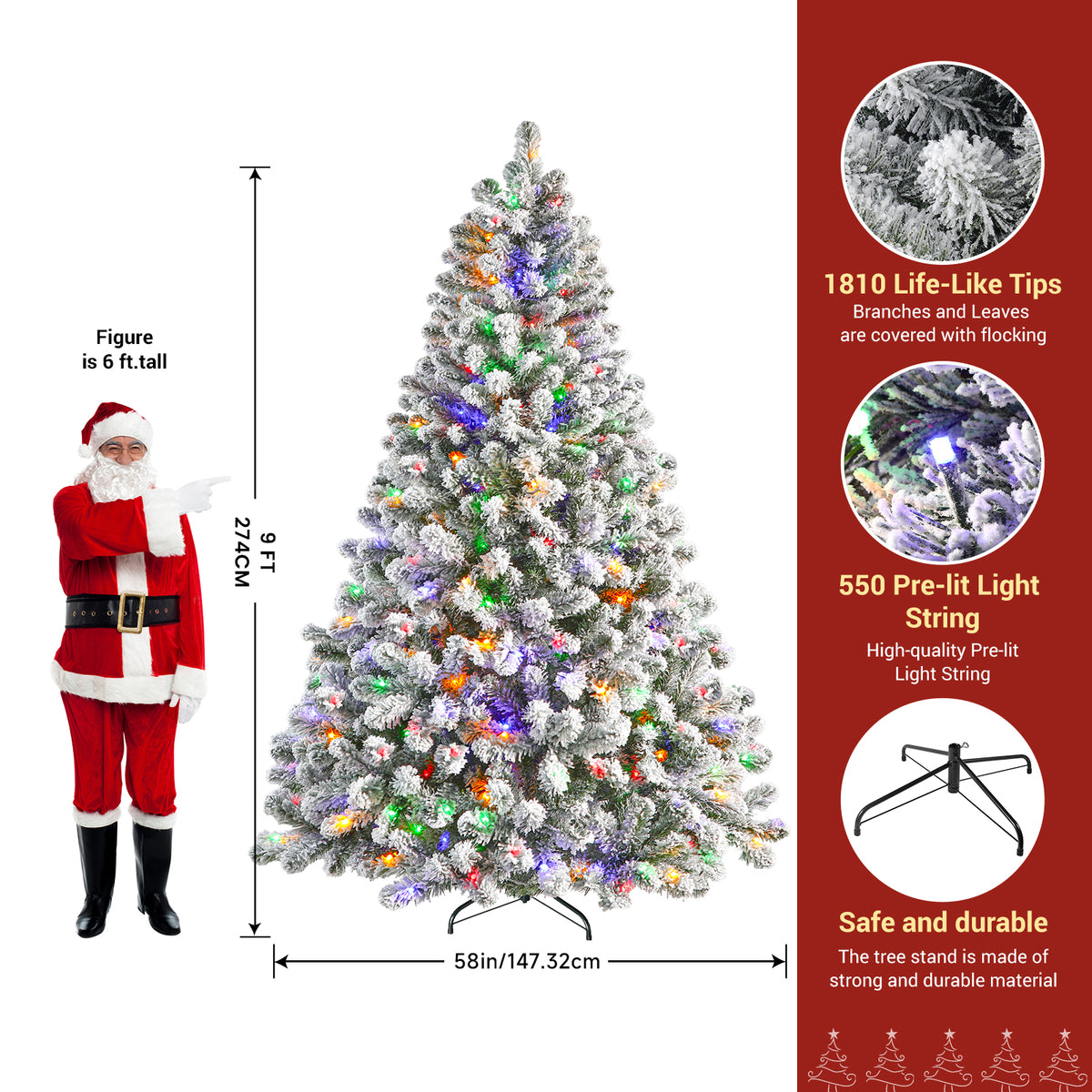 9ft white flocked artificial Christmas tree with multi-color lights, festive holiday decoration from SHareconn