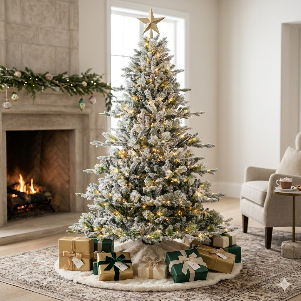 7.5ft artificial Christmas tree with flocked princess pine design, 500 pre-lit clear lights, and 3,338 lifelike tips by SHareconn