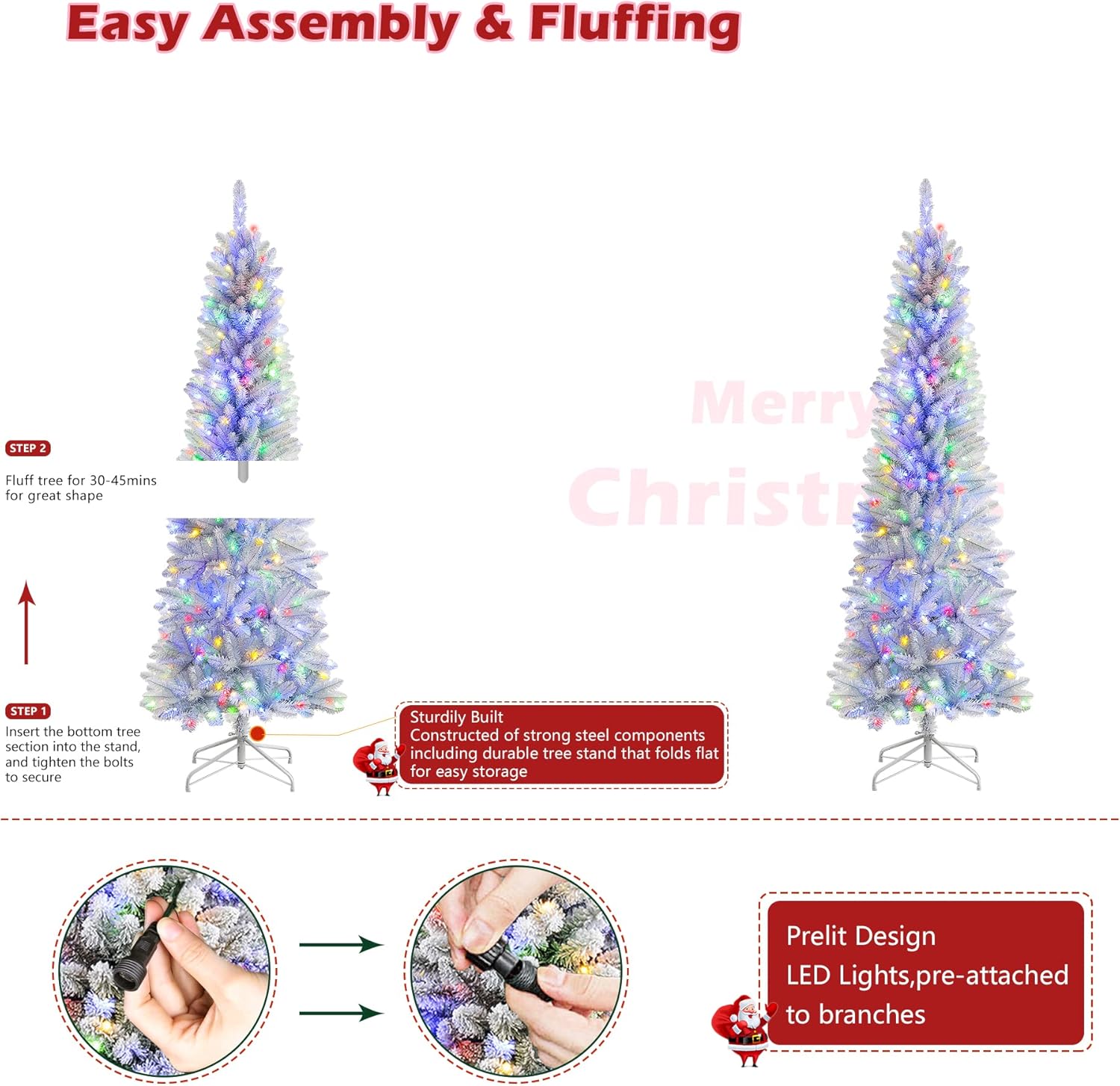 4ft White Artificial Pencil Christmas Tree with Multi-Color Lights and Remote