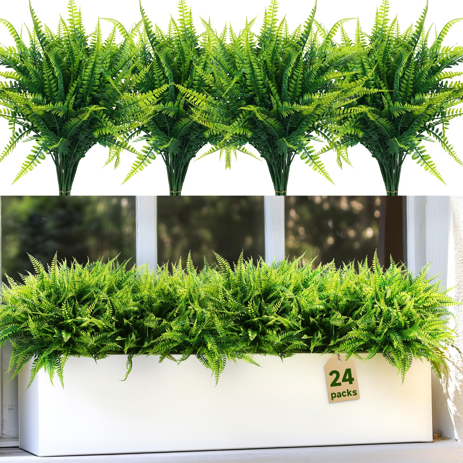 24 Bundles Artificial Plants Outdoor, Fake Boston Ferns Greenery UV-Resistant Faux Shrubs Plastic Stems