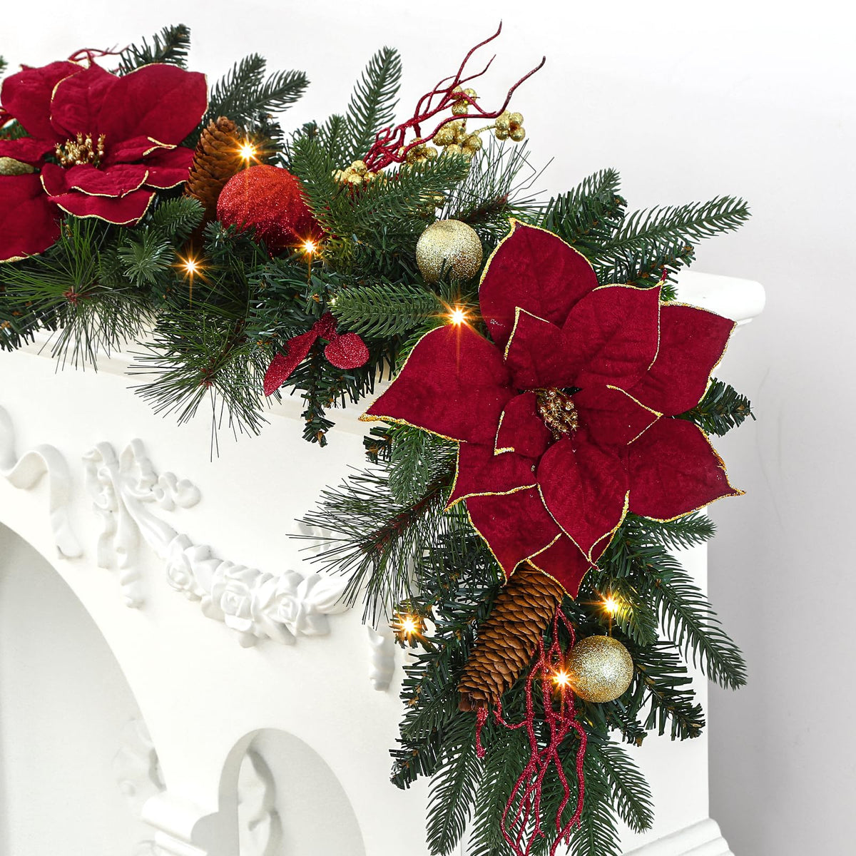 9FT Pre-Lit Christmas Garland with LED Lights & Timer – Red Poinsettia, Pine Cones, Gold Berries & Ornaments for Mantle, Fireplace, Stairs | Battery Operated, Indoor & Outdoor