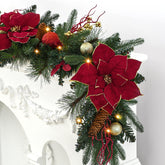 9FT Pre-Lit Christmas Garland with LED Lights & Timer – Red Poinsettia, Pine Cones, Gold Berries & Ornaments for Mantle, Fireplace, Stairs | Battery Operated, Indoor & Outdoor