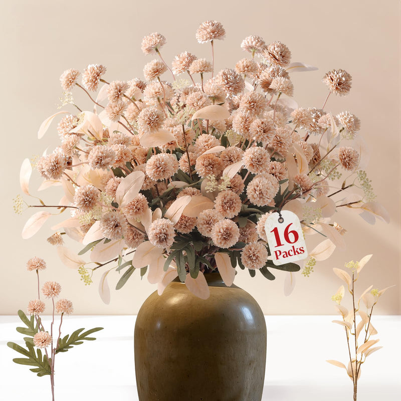 Beige artificial pompon chrysanthemum flowers, 16 or 32 pieces, from Shareconn, arranged in a bouquet for home or event decor.