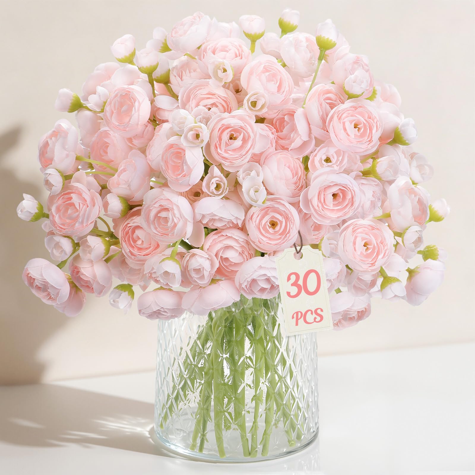 30Pcs Pink Ranunculus Artificial Flowers Faux Silk Mini Ranunculus