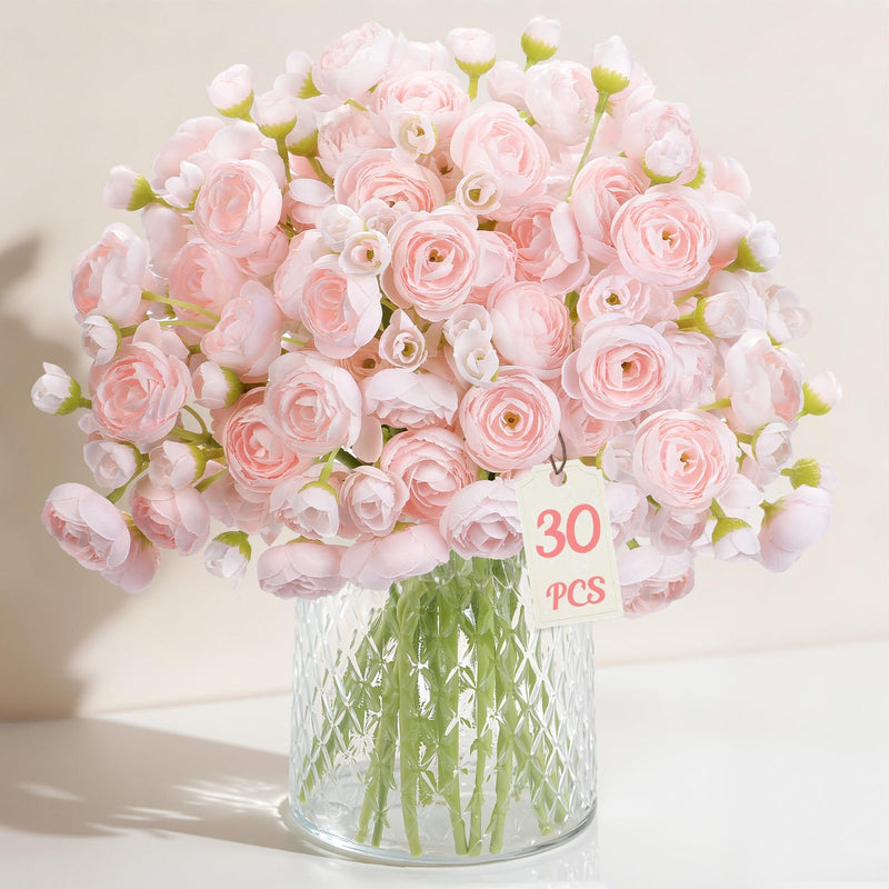 Thirty pink artificial ranunculus flowers with silk petals, arranged in a bunch, showcasing realistic faux floral details.