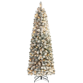 9ft Prelit Pencil Snow Flocked Artificial Xmas Tree with 450 Warm White Lights - SHareconn