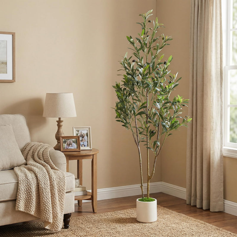 Artificial olive tree with realistic trunk and fruits, SHareconn faux tree for indoor or outdoor decor.