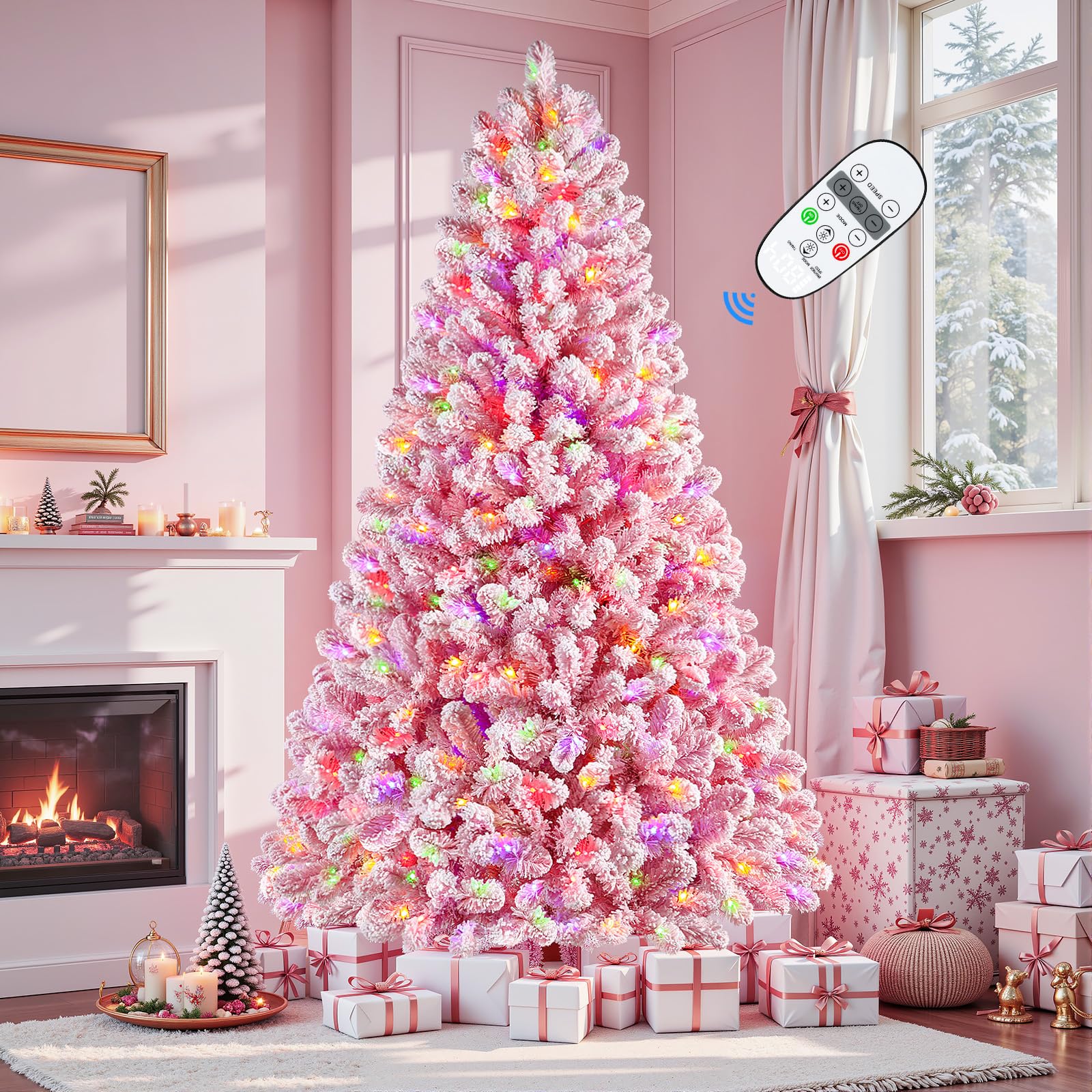 6ft Pink Flocked Spruce Artificial Hinged Christmas Tree with Multi Color Lights