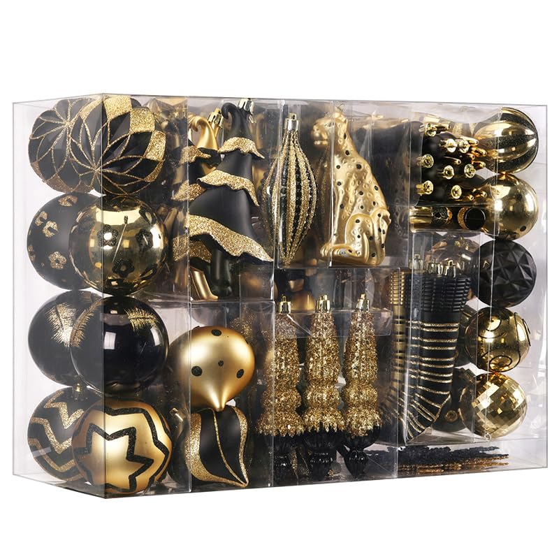 145pcs Gold and Black Christmas Balls Ornaments Set