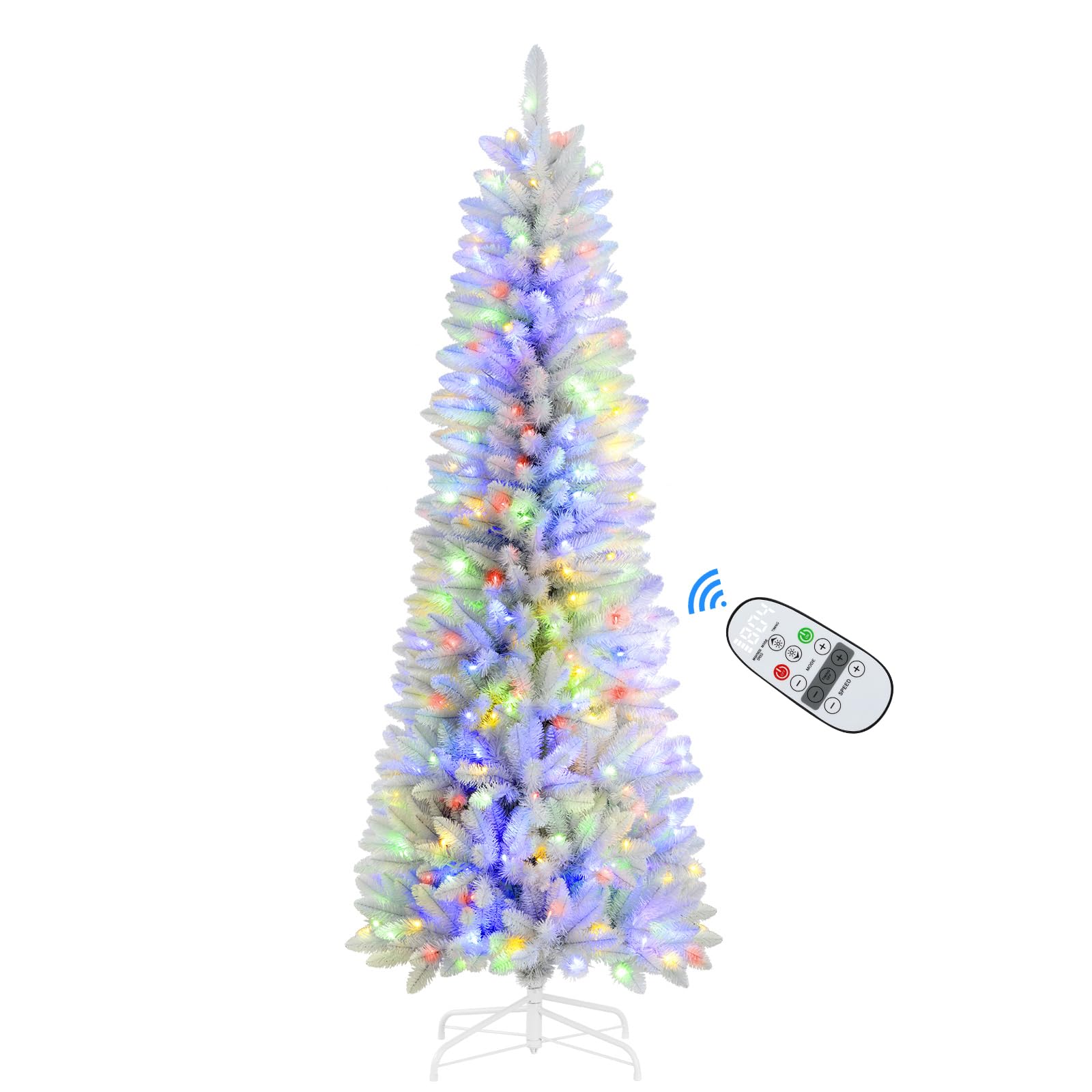7.5ft Prelit White Artificial Slim Pencil Christmas Tree with Warm White & Multi-Color Lights and Remote