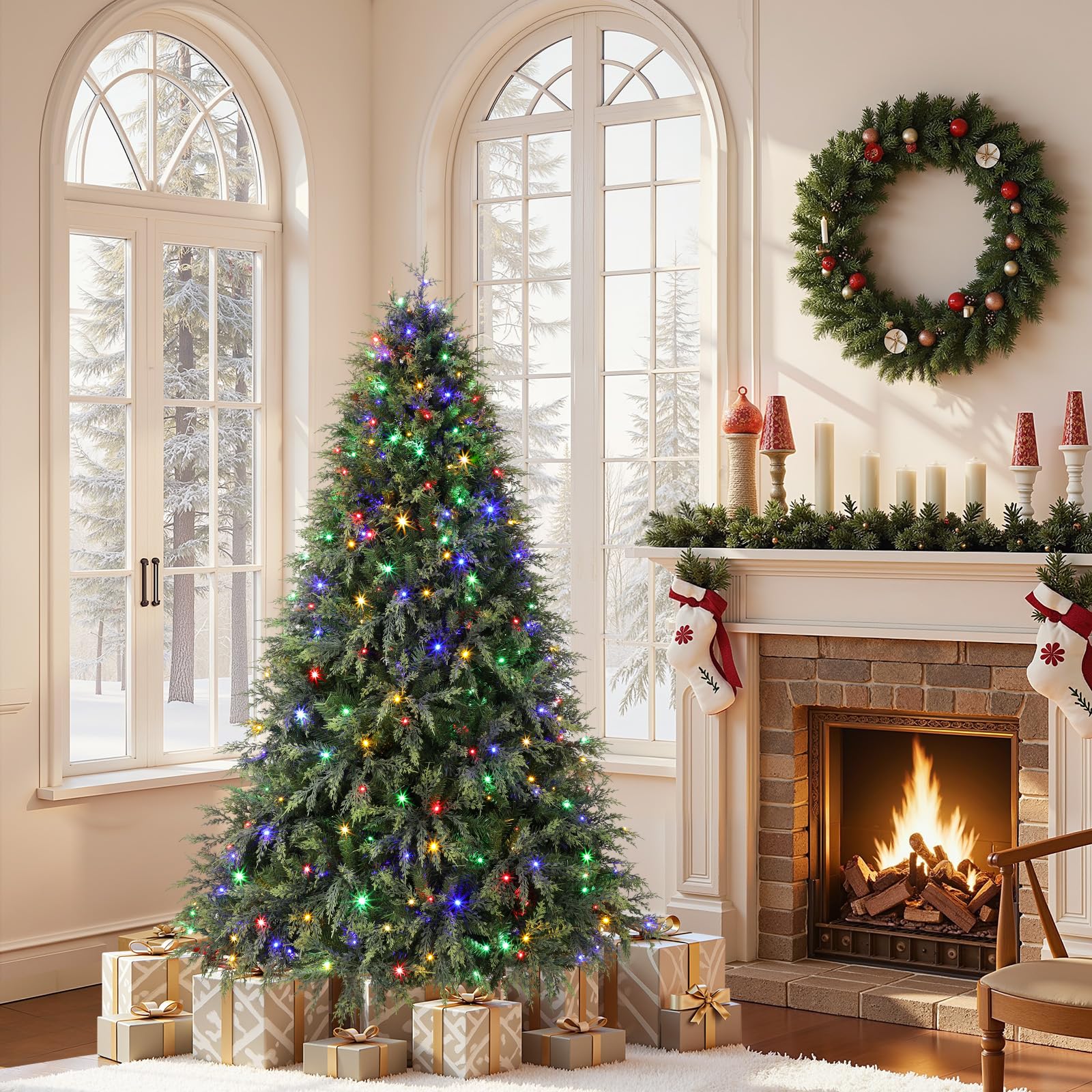 5ft Prelit Cedar Cypress Artificial Christmas Tree, 930 Leaves & 270 LED Lights, 17 Mode with Remote