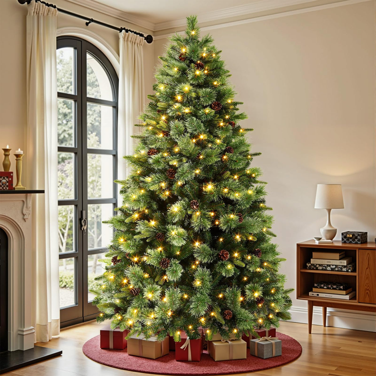 SHareconn 6ft Carolina Pine artificial Christmas tree with multi-color prelit lights and remote control, showcasing decorated festive branches