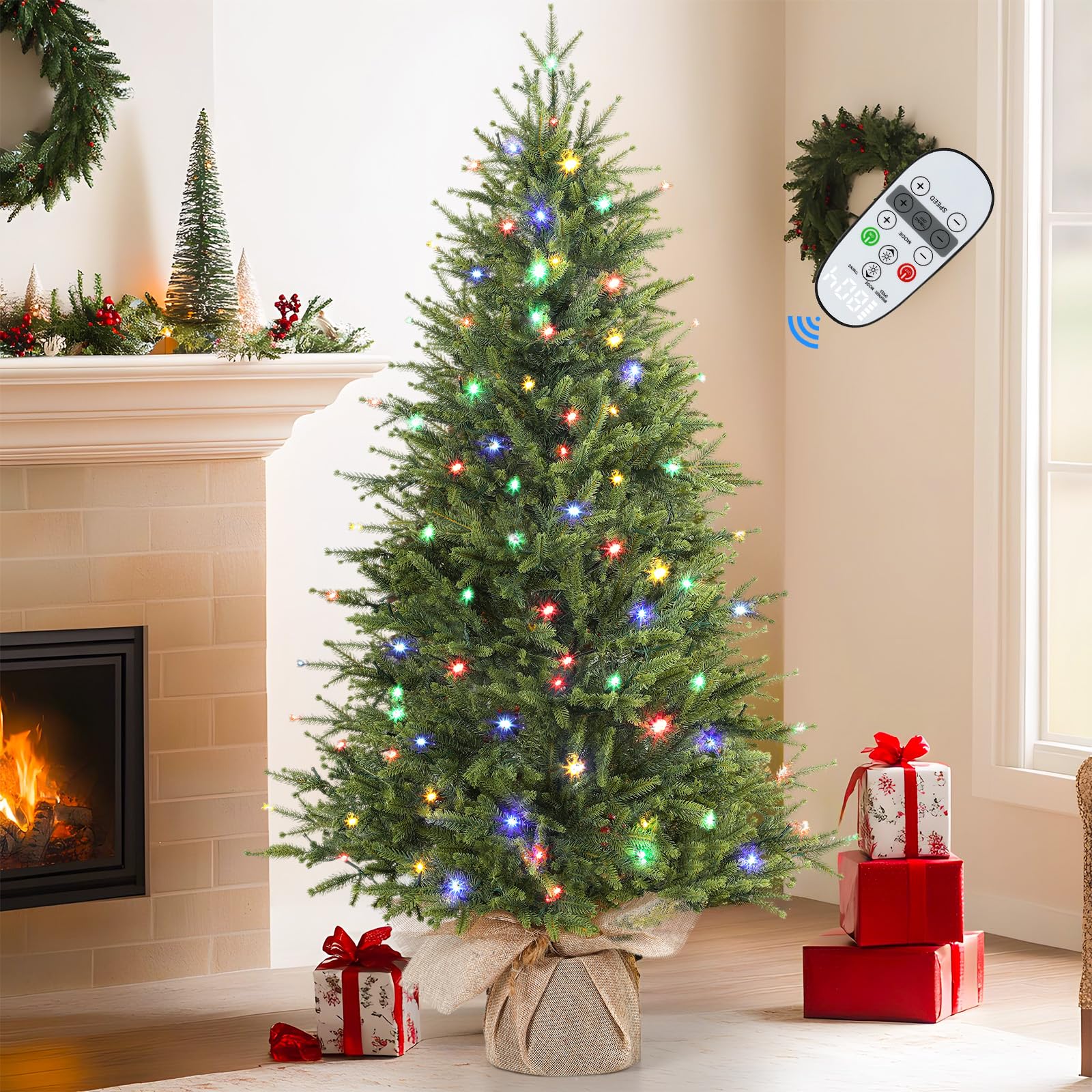 Realistic Artificial Small Tabletop Christmas Tree with Multi-Color Lights and Remote