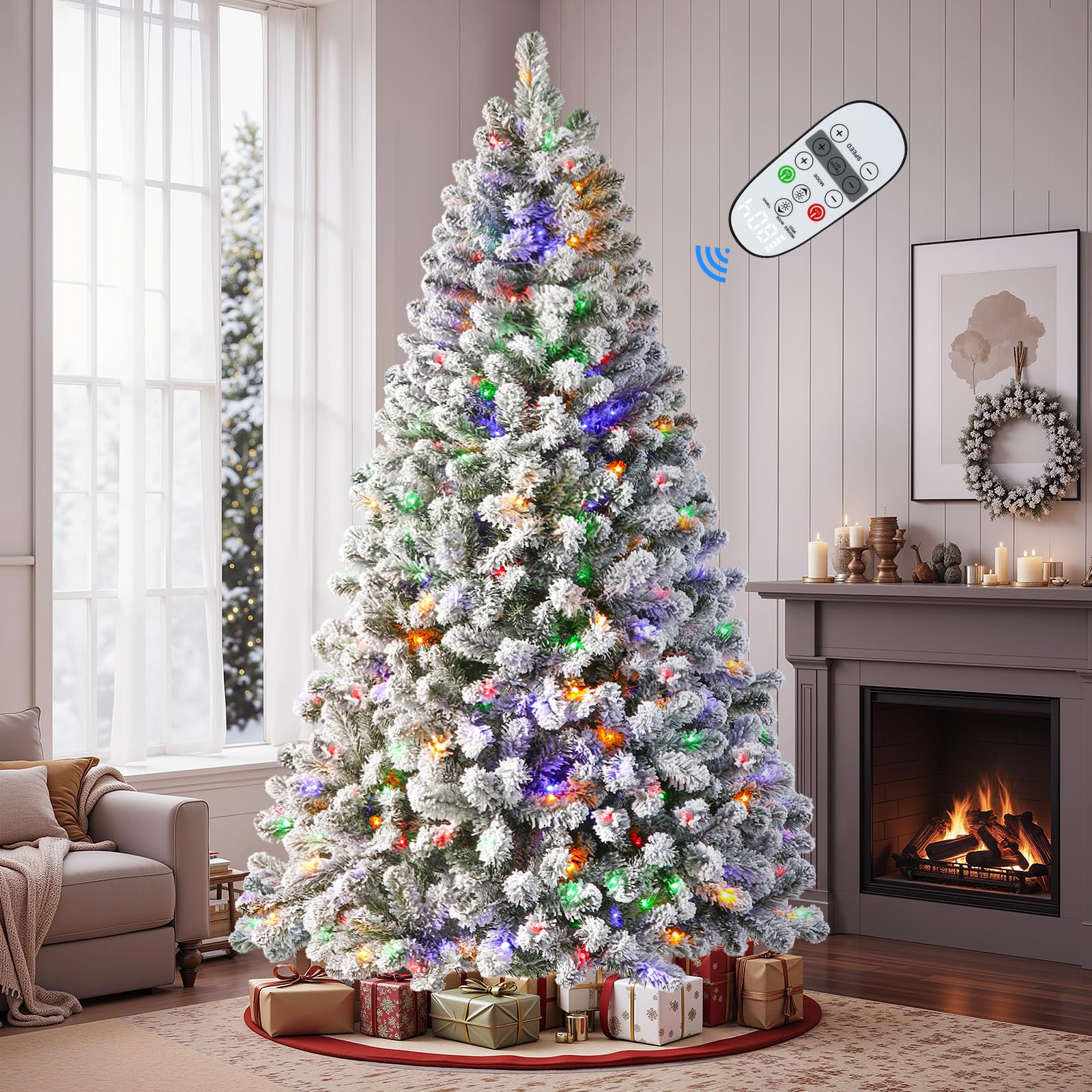 8ft Pre-Lit Flocked Spruce Artificial Hinged Christmas Tree with Remote, Timer and 520 Warm White & Multi-Color Lights, 1497 Branch Tips, Perfect Choice for Xmas Decoration, 8 FT, White