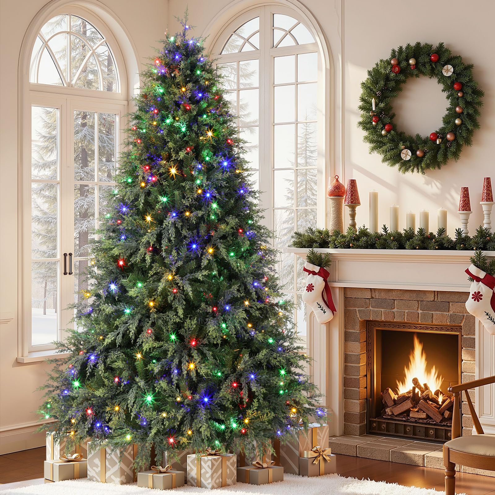 7.5ft Prelit Cedar Cypress Artificial Christmas Tree, 1680 Leaves & 440 LED Lights, 17 Mode with Remote