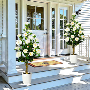 Two artificial Camellia trees with white blossoms from SHareconn, ideal for decorative indoor or outdoor spaces.