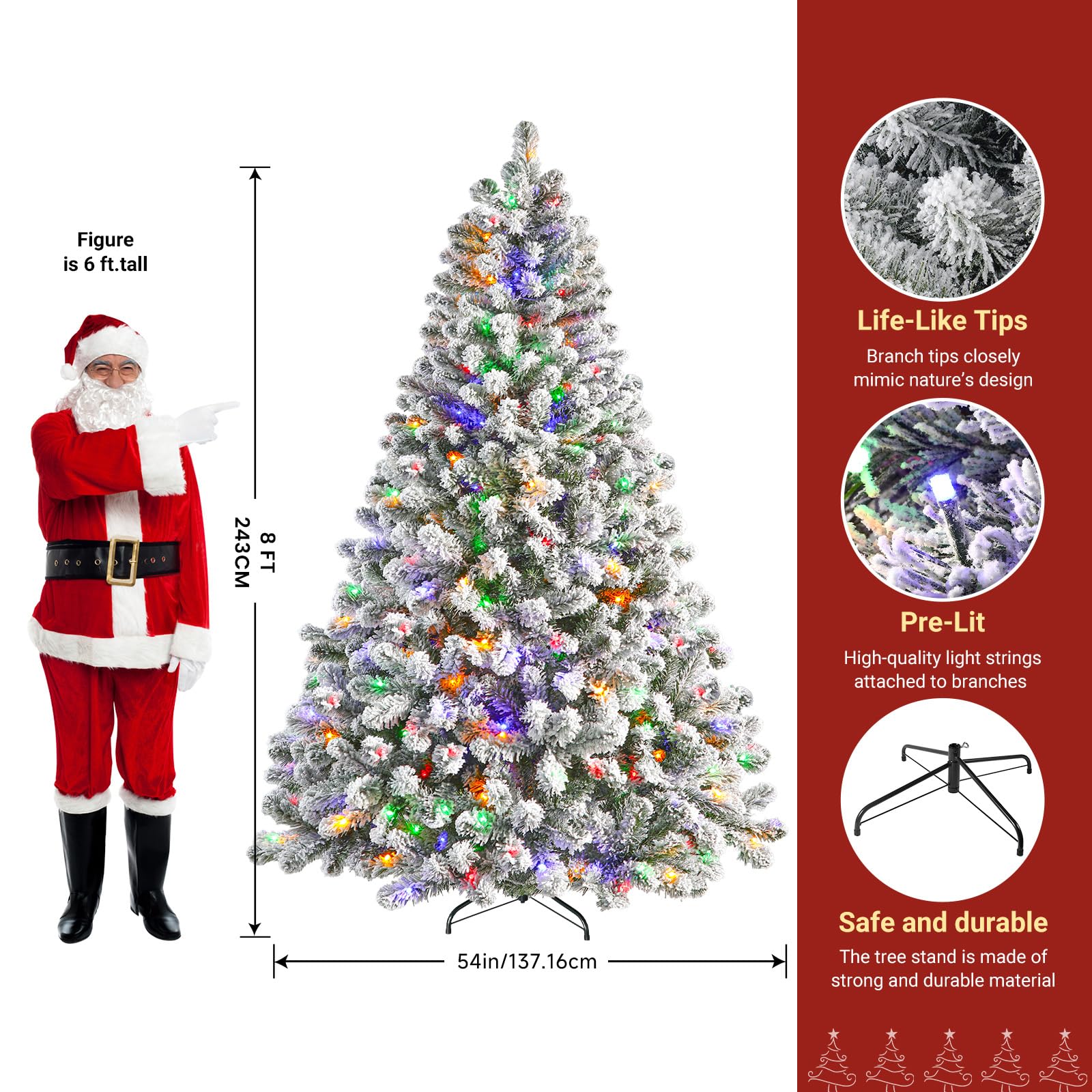 8ft Pre-Lit Flocked Spruce Artificial Hinged Christmas Tree with Remote, Timer and 520 Warm White & Multi-Color Lights, 1497 Branch Tips, Perfect Choice for Xmas Decoration, 8 FT, White