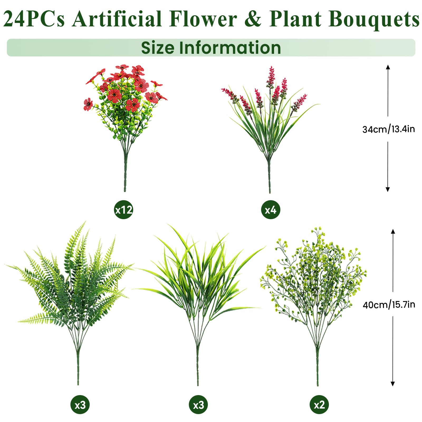 24 Bundles Artificial Flowers, UV Resistant Eucalyptus Violet and Lavender Silk Fake Plants, Red