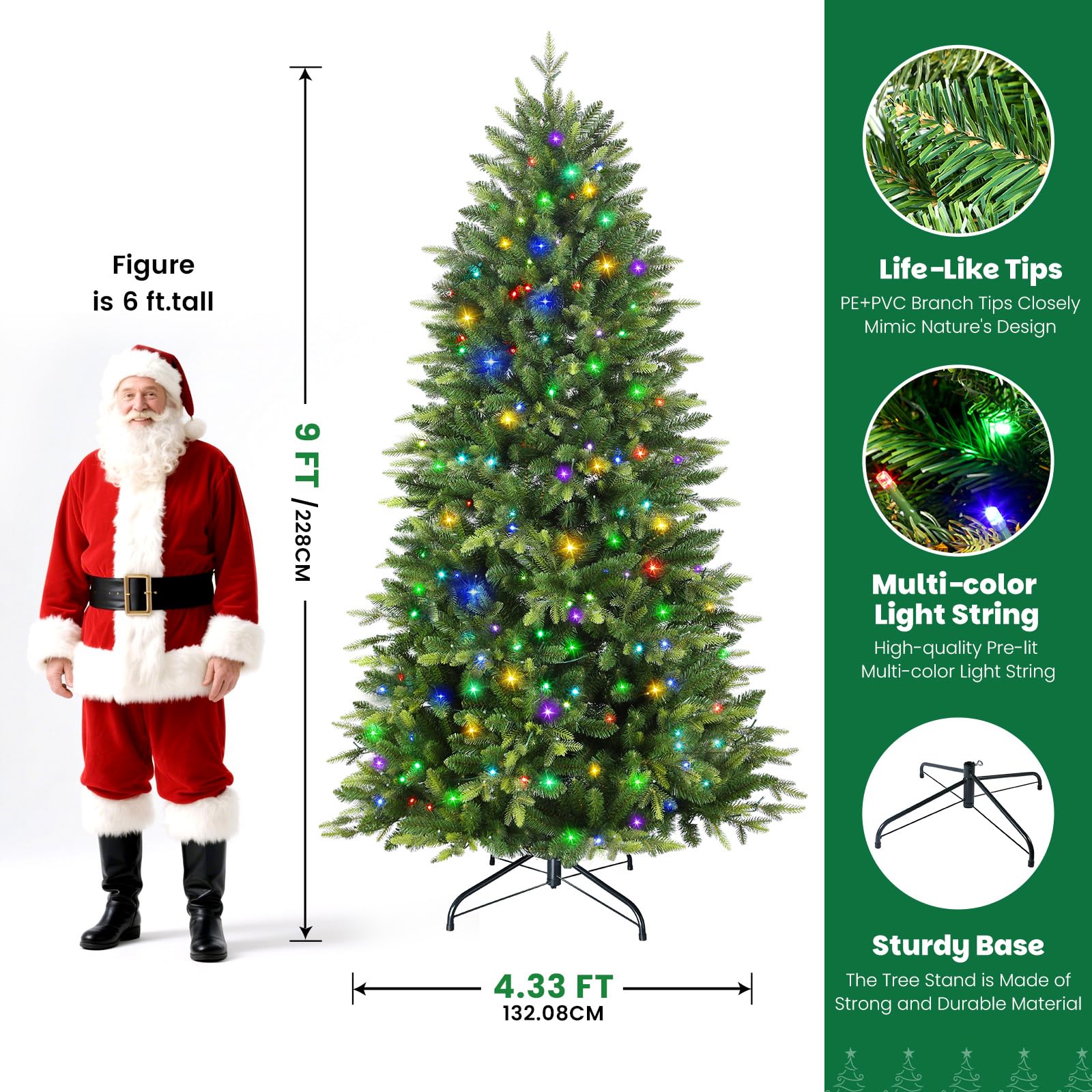 9ft Prelit Artificial Hinged Christmas Tree with 670 Color Changing RGB Lights(Upgraded),Remote Control,Fake Pre-Lit Lush Fraser Fir Tree with 3738 Branch Tips for Xmas Decoration