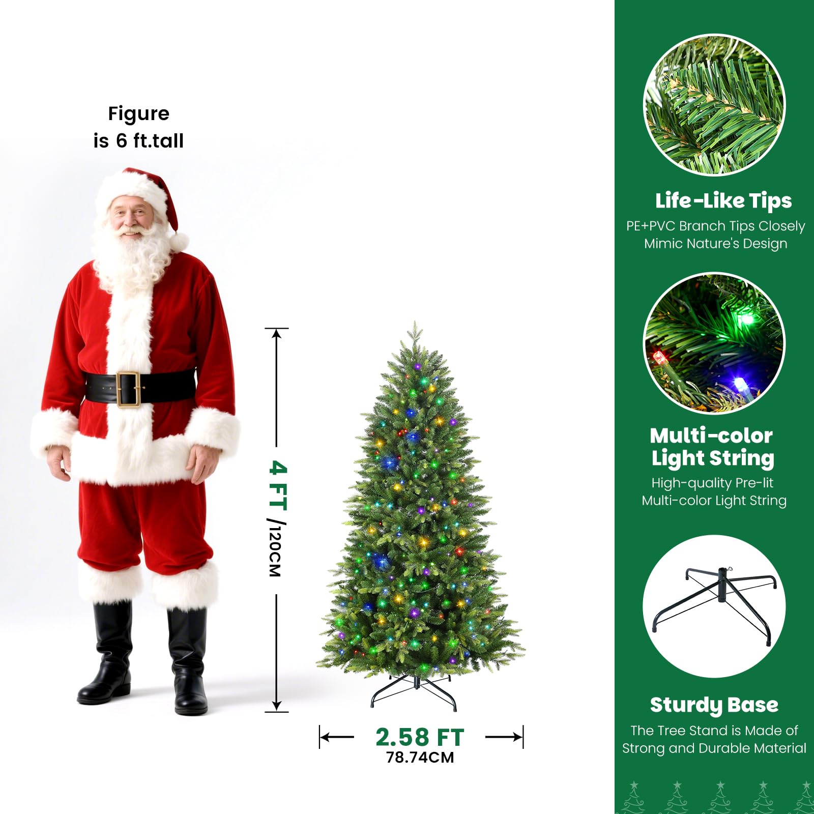 4.5ft Prelit Artificial Hinged Christmas Tree with 170 Color Changing RGB Lights,Remote Control,Fake Pre-Lit Lush Fraser Fir Tree with 930 Branch Tips for Xmas Decoration