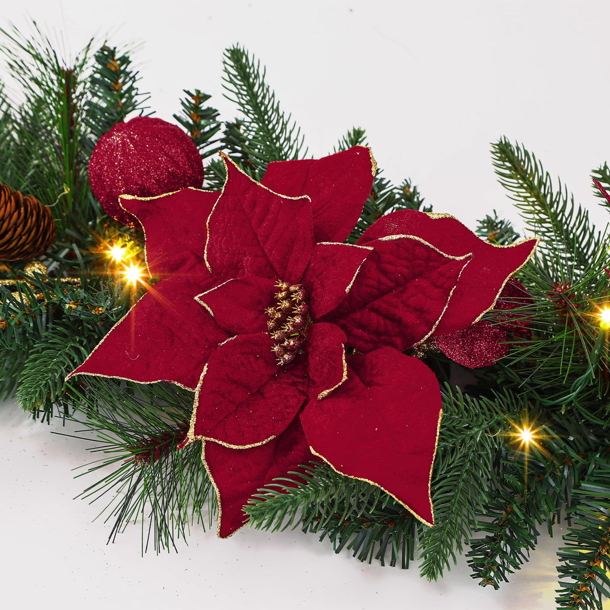 9FT Pre-Lit Christmas Garland with LED Lights & Timer – Red Poinsettia, Pine Cones, Gold Berries & Ornaments for Mantle, Fireplace, Stairs | Battery Operated, Indoor & Outdoor