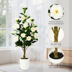 Two artificial Camellia trees with white blossoms from SHareconn, showcasing lush green leaves and elegant flowering branches.